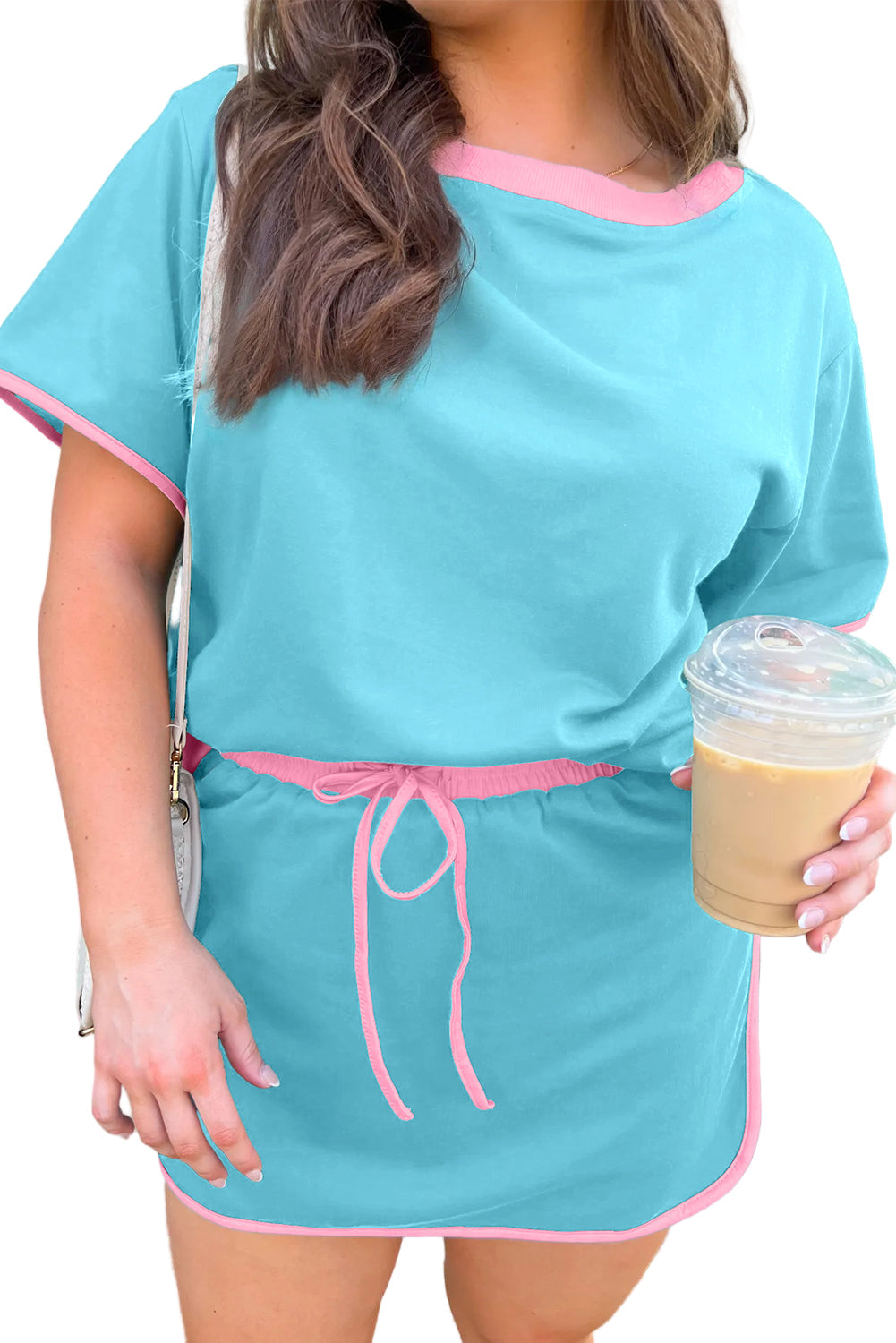 Bonbon Plus Size Contrast Trim T Shirt and Skirt Two Piece Set