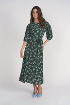 Smocked Shoulder Dress- Light Blue Florals on Green