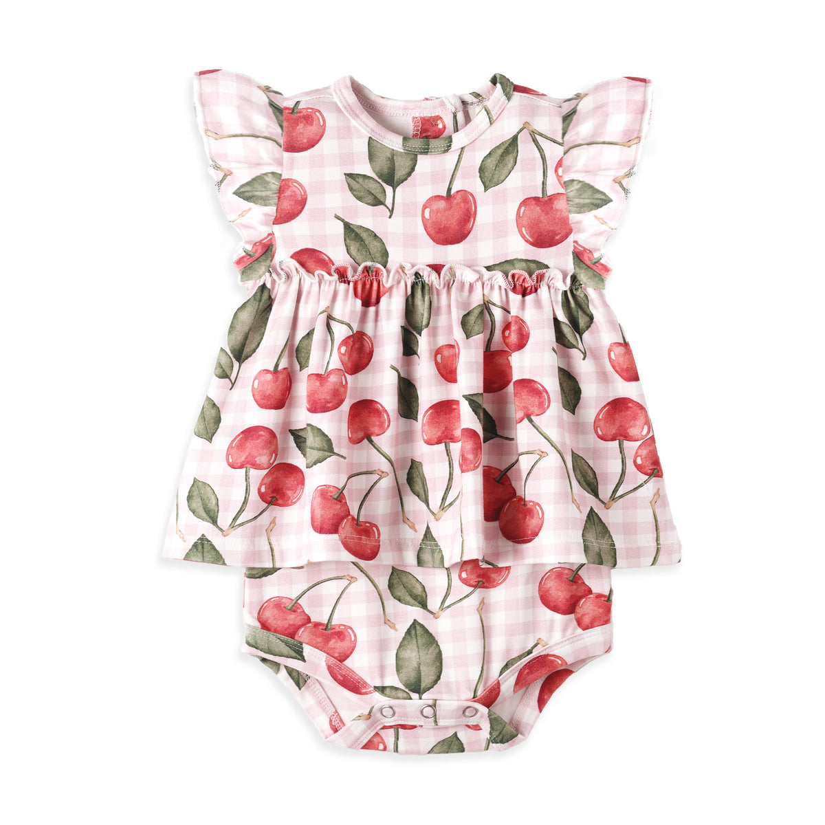 Cherry Picnic Flutter Sleeve Bamboo Skirted Bodysuit 0-3M