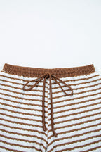 Khaki Stripe Plus Size Collared V Neck Loose Pullover Drawstring Elastic Waist Wide Leg Pant Set