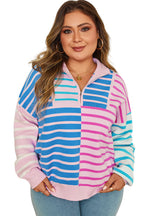 Sky Blue Stripe Colorblock Patchwork Plus Size Half Zip Sweater