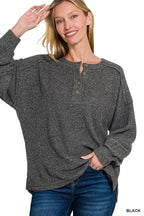 Zenana Full Size Ribbed Brushed Hacci Melange Henley Sweater Plus Size