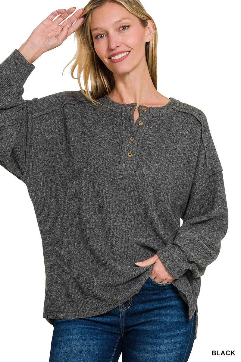 Zenana Full Size Ribbed Brushed Hacci Melange Henley Sweater Plus Size