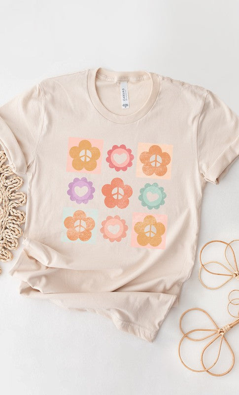 Peace Flower Power Grid Spring Graphic Tee T-Shirt