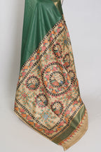 Bina : Dark Green Staple Tussar Saree | Hand-Painted Madhubani Pallu