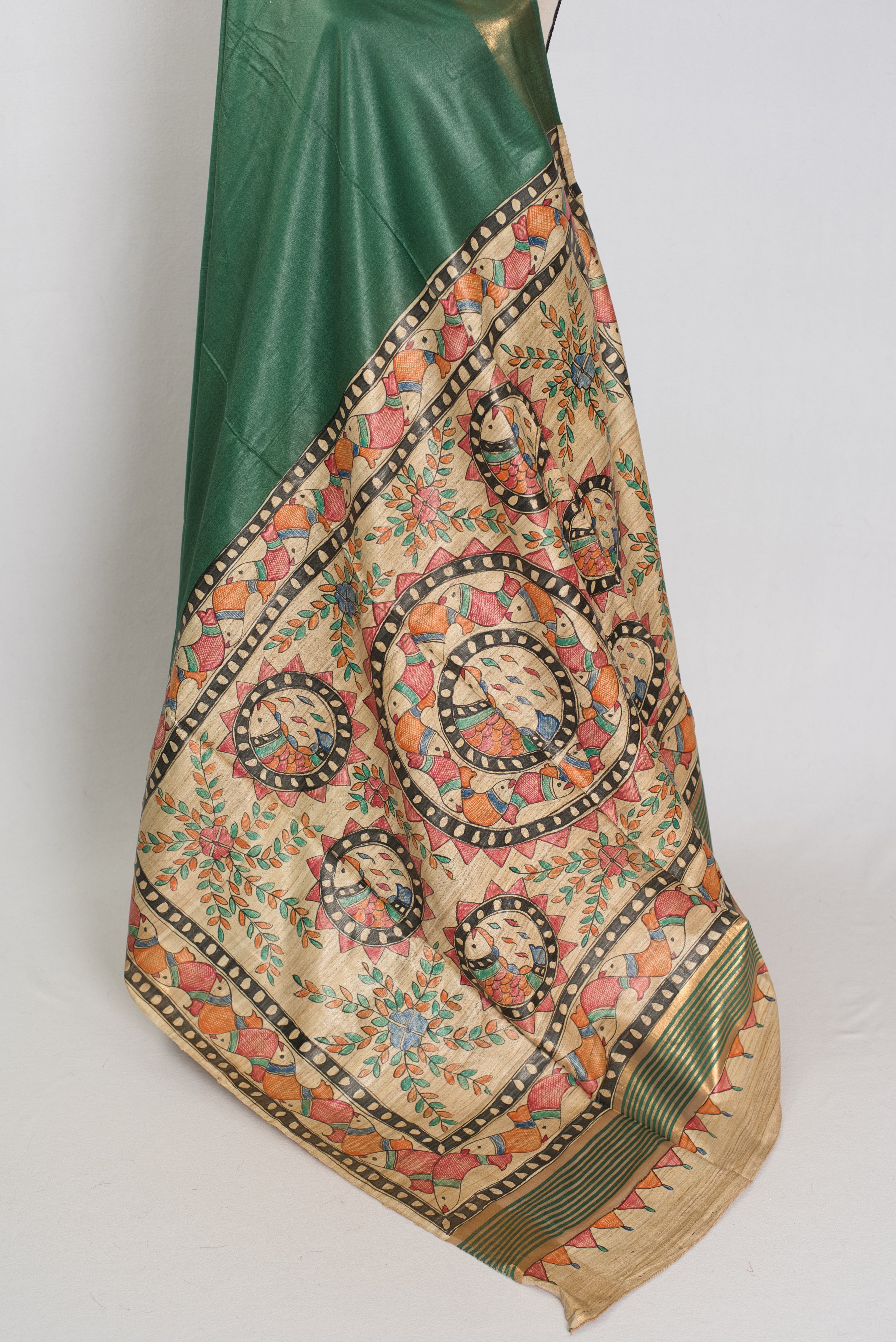 Bina : Dark Green Staple Tussar Saree | Hand-Painted Madhubani Pallu