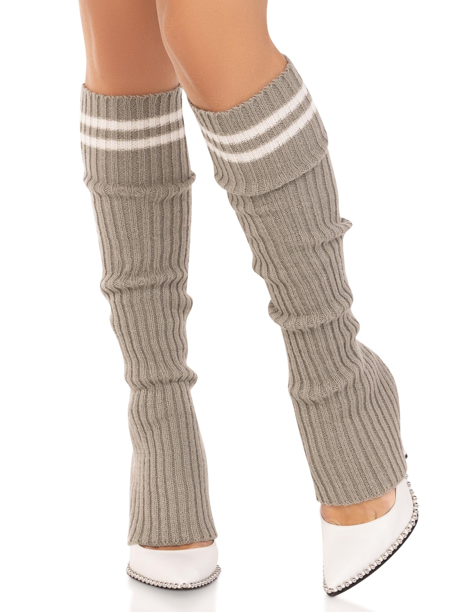 Ribbed stirrup leg warmers with athletic stripe.