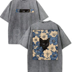 Cat in the Flowers Double-Sided T-Shirt – Retro Washed Botanical Kitten Graphic Tee, Vintage Aesthetic Lightweight Cotton Cat Mom Top