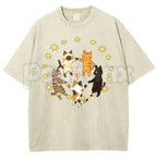 Five Holding Hands Circle Cats T-Shirt – Retro Wholesome Kitten Star Heart Graphic Tee, Vintage Washed Lightweight Cotton Unisex Top
