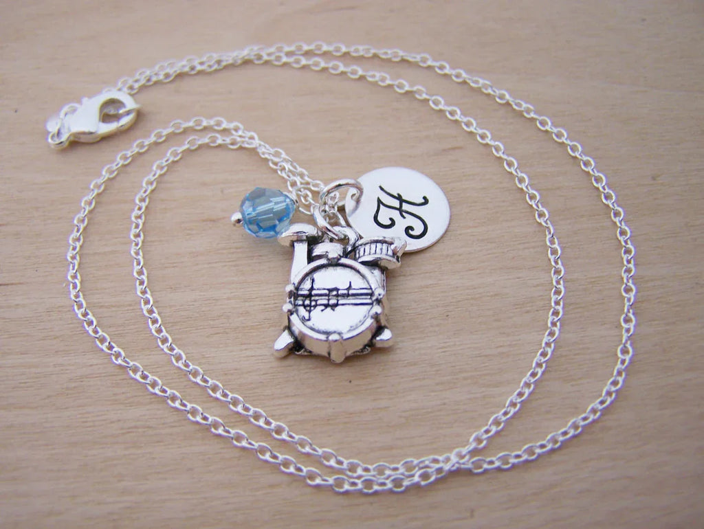 Drums Necklace – Sterling Silver with Birthstone & Initial Charm