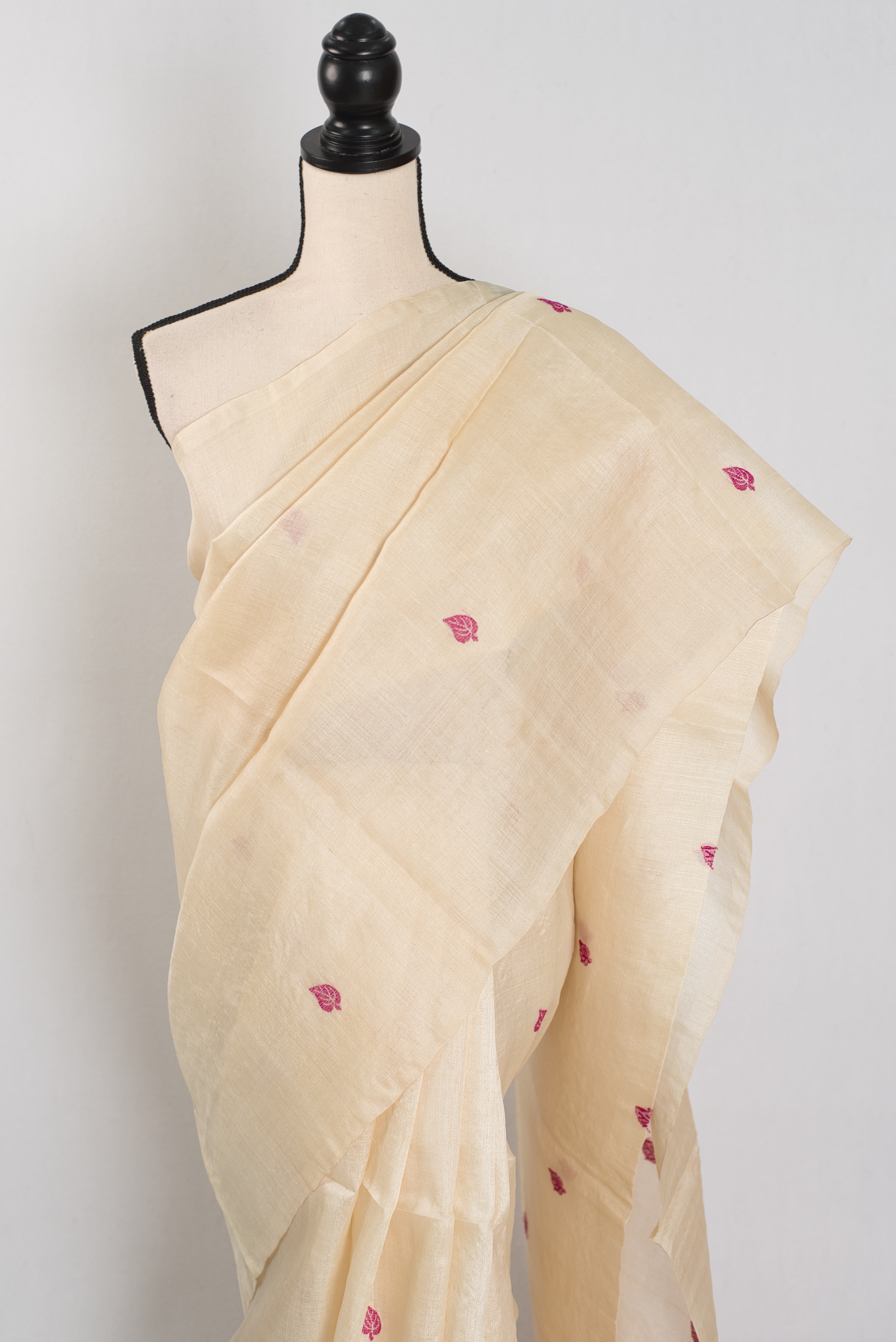Renu: Cream & Pink Bengal Tussar Silk Saree | Silk Mark Certified