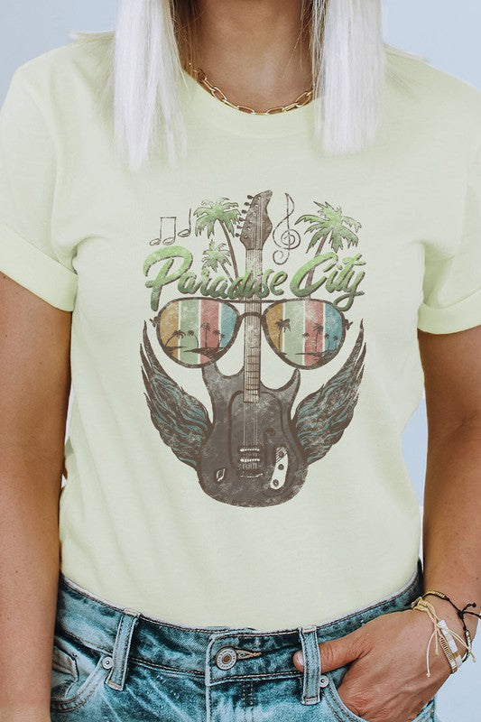 Retro Paradise City Guitar With Wings Graphic Tee T-Shirt