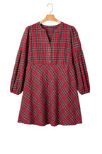 Red Plus Size Plaid Half Button Long Sleeve Holiday Dress
