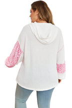 Pink Stripe Leopard Patchwork Waffle Knit Buttoned Plus Size Hoodie