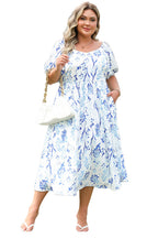 Sky Blue Floral Print Sweetheart Neck Plus Size Midi Dress