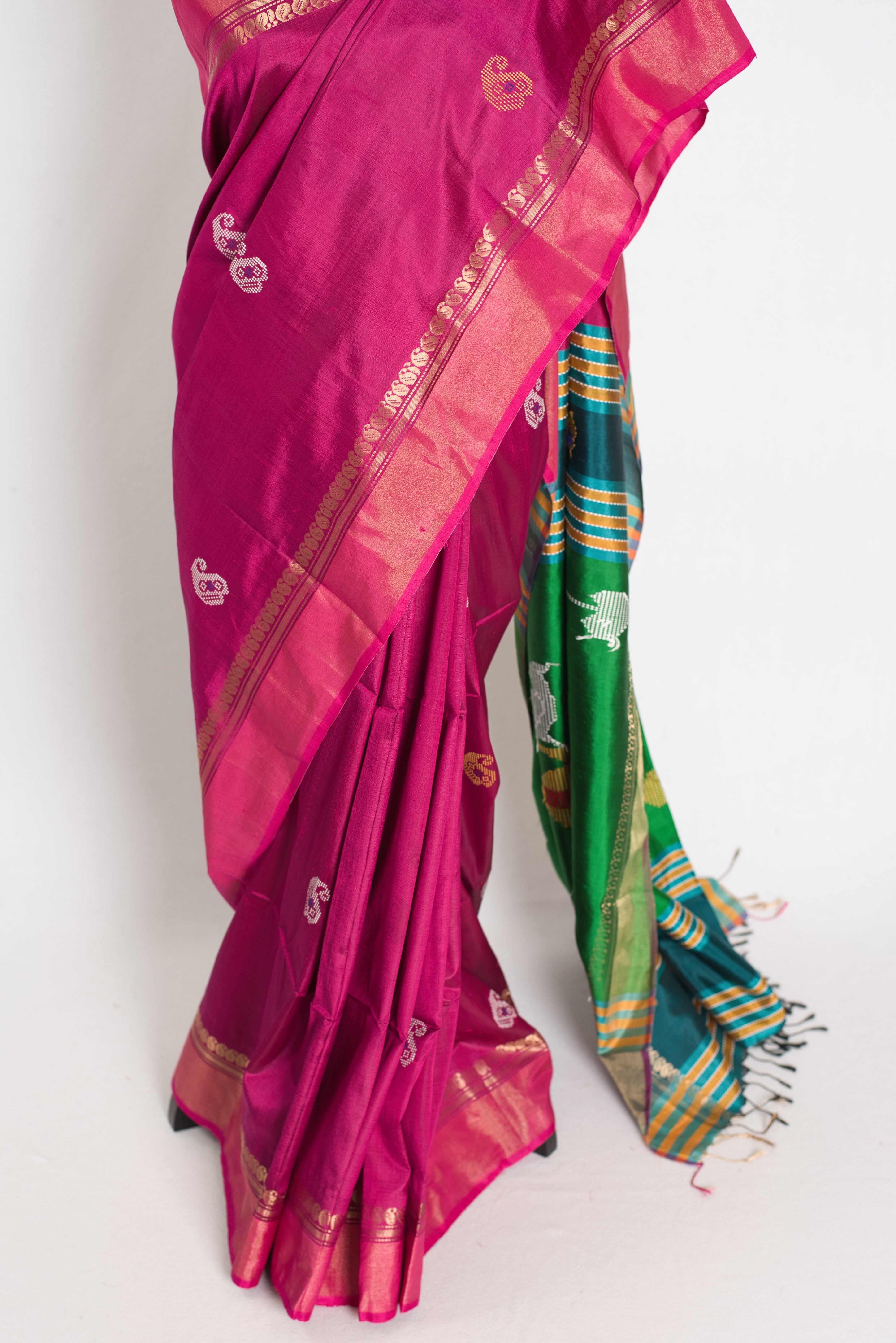 Mridula : Lightweight Bishnupur Katan Silk Saree in Purple and Green