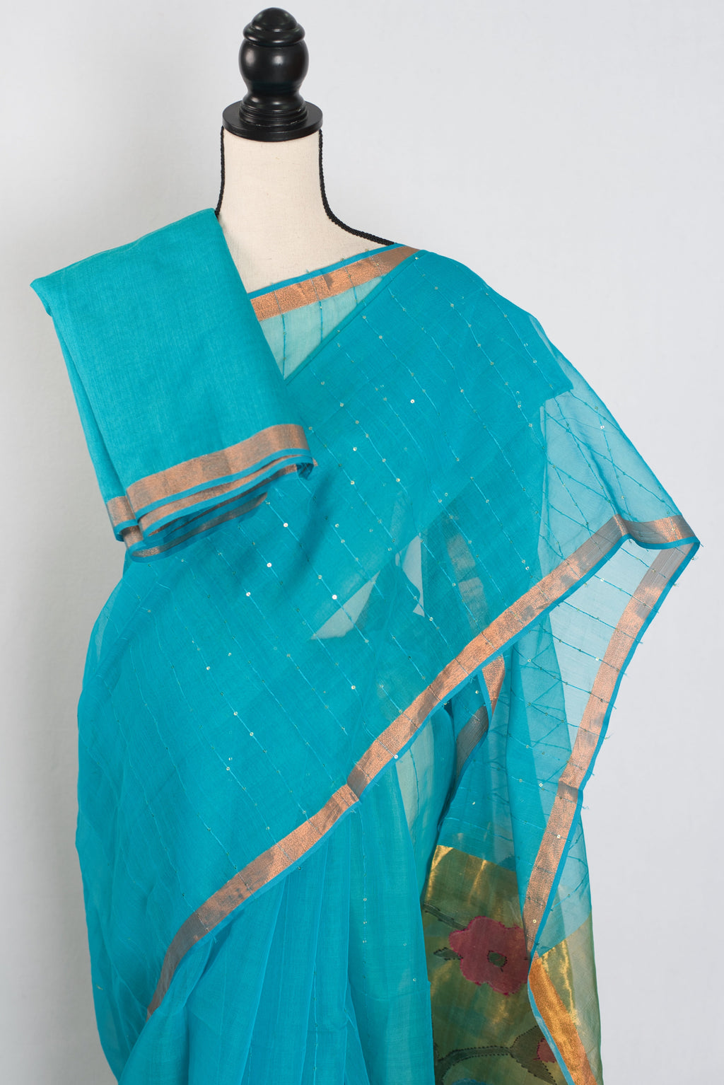 Shukti: Turquoise Blue & Gold Muslin Cotton Jamdani Saree | Sequin Weaving