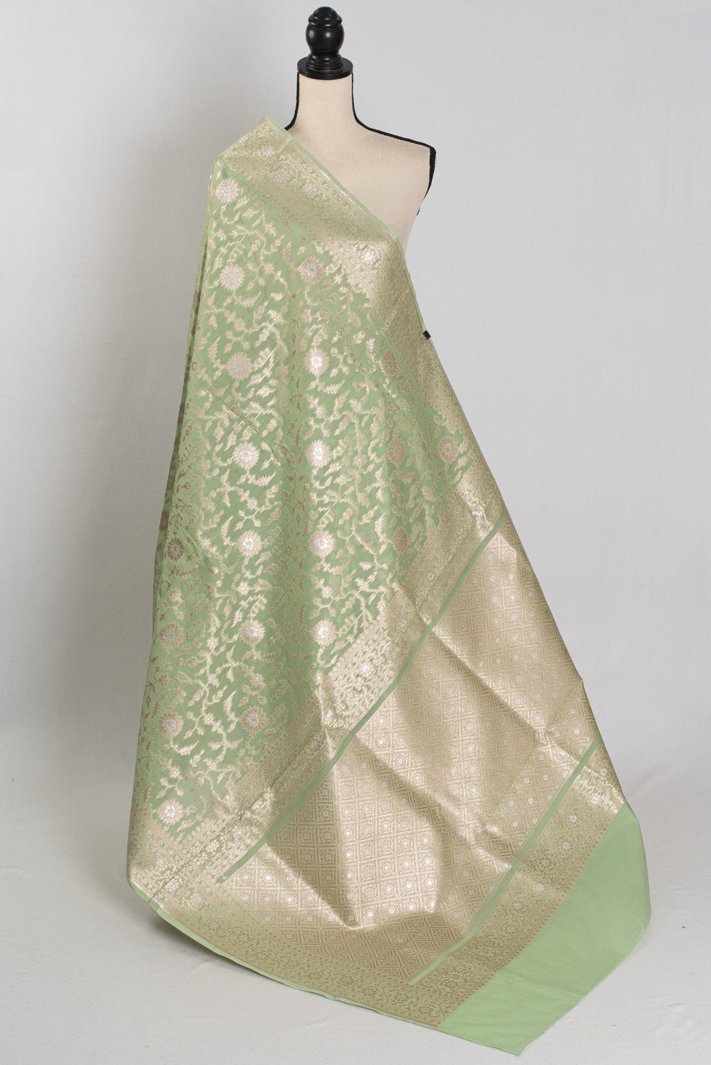 Mohini: Sea Green & Gold Jamdani Banarasi Saree | Cotton Silk Fusion