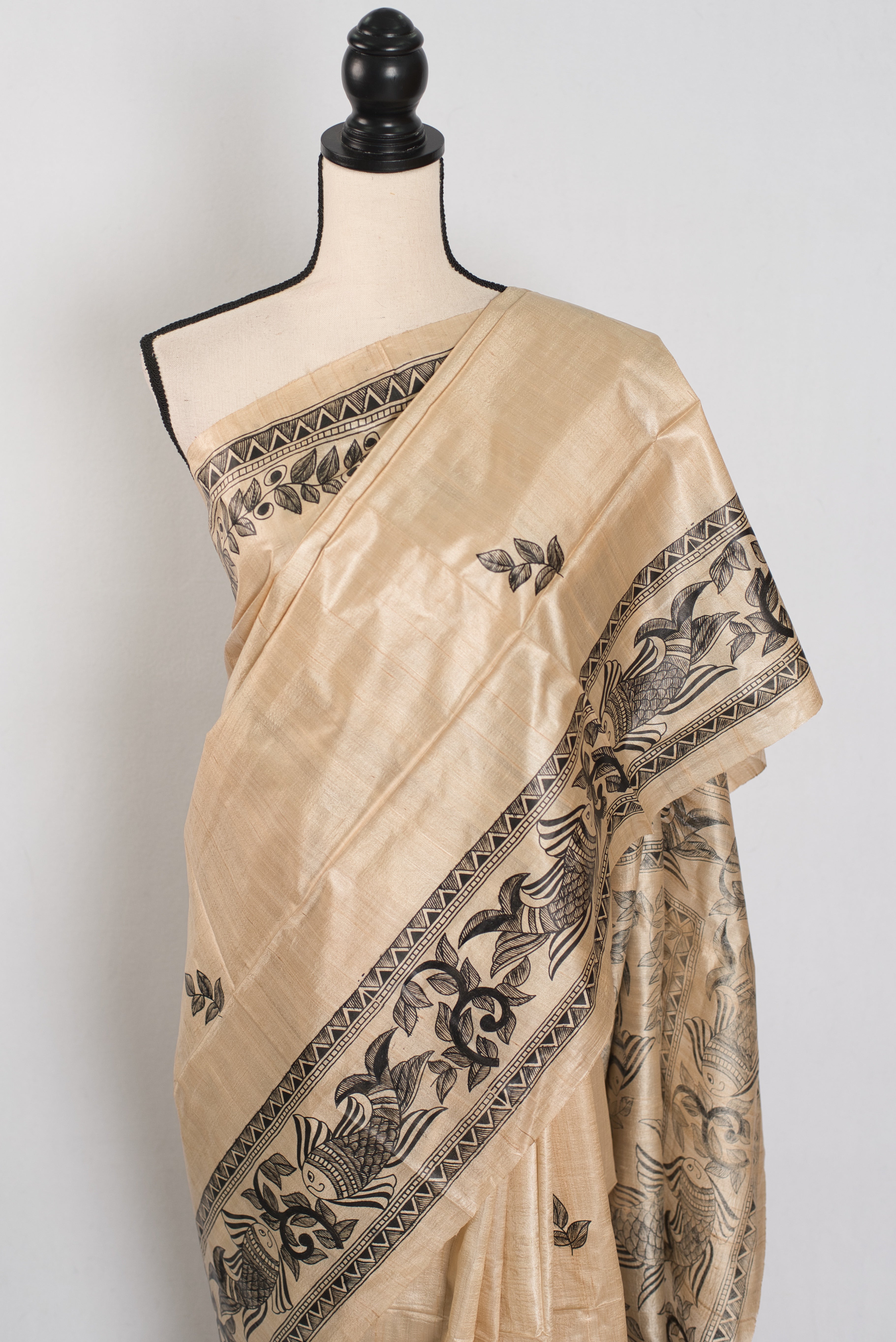 Matsya: Hand-Painted Madhubani Tussar Silk Saree | Fish Motif | Beige & Black