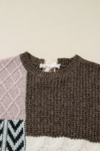 Brown Plus Size Color Block Patchwork Knotted Back Loose Fit Sweater