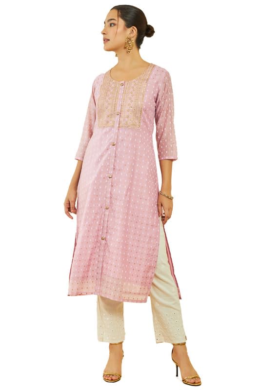 Soch Women Chanderi Polka-Dot Pattern Straight Kurta with Embroidered Yoke