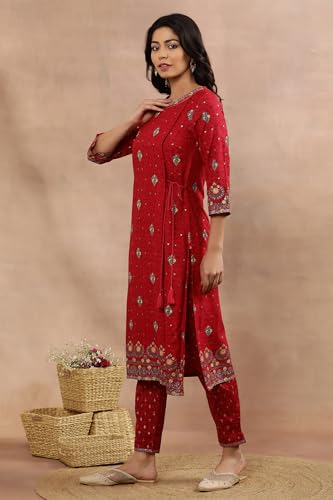W Women Pink Festive Floral Print Viscose Straight Kurta Set With Slim Pant