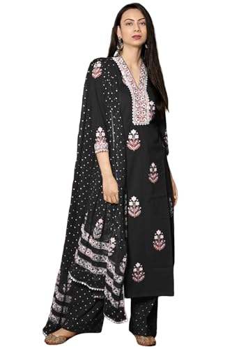 ANNI DESIGNER Womens Rayon Viscose Printed Straight Kurta with Pant & Dupatta (Belagavi Black-VKS01_M_Black_Medium)