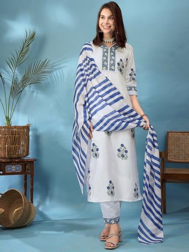 Tee Projekt WomenS Cotton Blend Floral Printed Straight Kurta Pant With Dupatta Set Ll V Neck Kurta Set White
