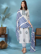 Tee Projekt WomenS Cotton Blend Floral Printed Straight Kurta Pant With Dupatta Set Ll V Neck Kurta Set White