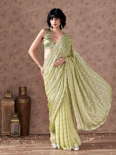 Womanista WomenS Women Satin Saree Ll Women Embellished Saree Ll Women Mirror Work Saree Ll Un-Stitched Blouse Saree