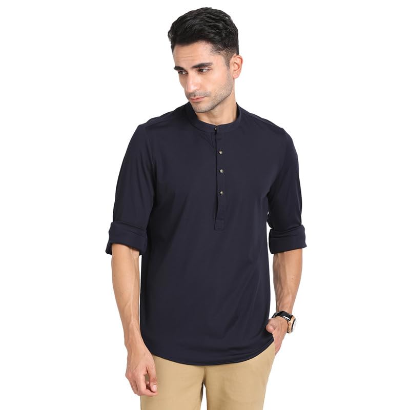 Turtle Men Cotton Knitted Solid Slim Fit Navy Casual Kurta
