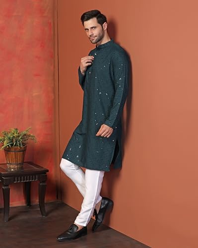Toplot Kurta For Men || MenS Ethnic Wear Sequin Embroidered Cotton Blend Kurta Set || MenS Kurta (Men-Seq-Kurta-Set-5209-Rama-