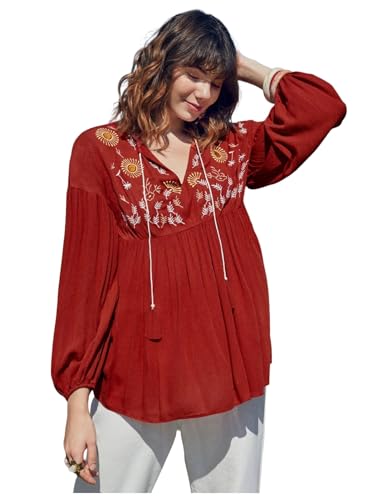 Gosriki WomenS Tops Rayon Viscose Floral Embroidery Shirt For Women (Bini Red-Gs_2Xl_Red_Xx-Large)
