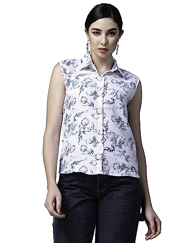 OOMPH! Summer Shirts for Women, Floral Printed, White, Blue