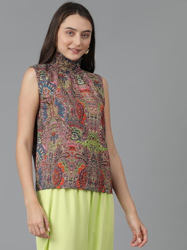 Kotty WomenS Casual Sleeveless High Neck Printed Top(Multicolor,Xl)