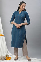 Aurelia Blue Striped Cotton Poly Blend Lace Kurta For Women