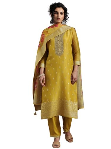 Libas Womens Woven Design Silk Blend Straight Kurta With Palazzos And Dupatta