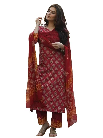 Pinkmint Kurta Set For Women Motifs Straight Printed Straight Kurta & Pant With Dupatta Maroon