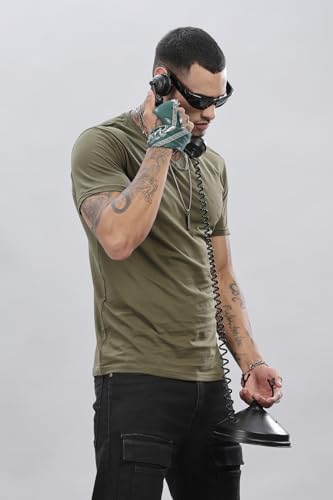 ADRO Mens V Neck Solid Cotton T-Shirt (VN-M-PLN-OL_Olive_XL)