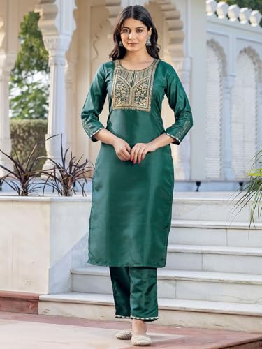 Sanisa Women'S Silk Blend Embroidery And Sequins Work Straight Kurta With Pant And Dupatta Set