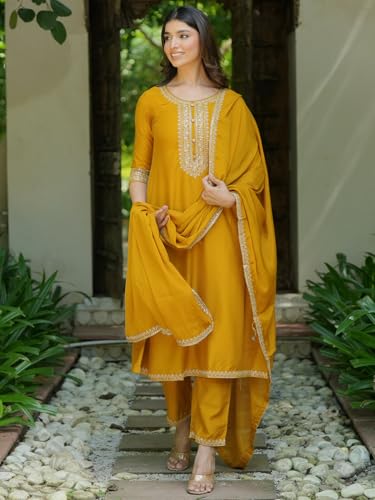 Libas Womens Yoke Design Silk Blend A-Line Kurta With Trousers And Dupatta