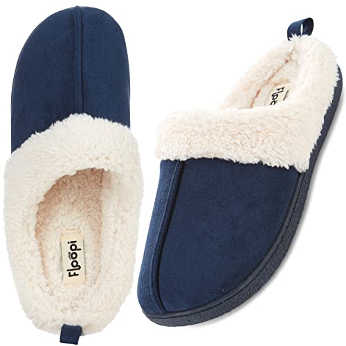 Floopi House Slippers for Women, Fur Lined Clog Womens Slippers Cozy Memory Foam with Indoor & Outdoor Anti Skid Sole (S, Navy-3