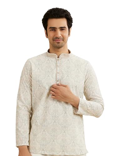 Manyavar MenS Cotton Blend Paisley Embroidery Short Kurta (Pista Green,Xl)