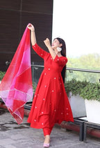 ANNI DESIGNER Ladies Cotton Blend Dupatta Kurta Trousers, red, M