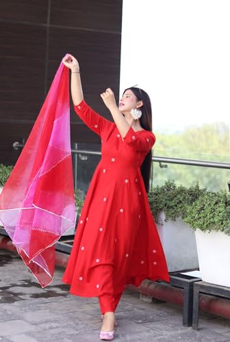 ANNI DESIGNER Ladies Cotton Blend Dupatta Kurta Trousers, red, M