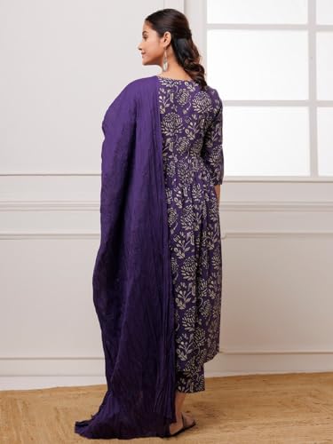 ANNI DESIGNER Womens Cotton Blend Anarkali Printed Kurta with Pant & Dupatta (DABU Violet_S_Violet_Small)