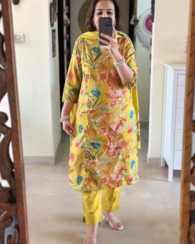 ANNI DESIGNER Womens Rayon Blend Printed Straight Kurta with Pant & Dupatta (Pubani Mustard_L_Mustard_Large)