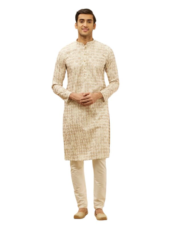Manyavar Mens Cream Cotton Printed Kurta Pyjama Set