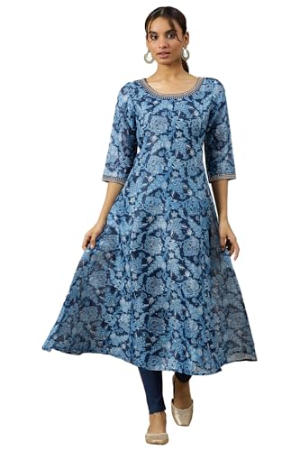 Aurelia WomenS Floral Printed Flared Kurta | Round Neck Kurta For Women | Printed Kurta For Women | Beautiful Regular Fit Kurta 