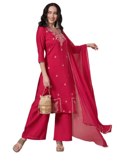 Anni Designer WomenS Rayon Viscose Straight Embroidery Kurta With Palazzo & Dupatta (Warda Pink_M_Pink_Medium)